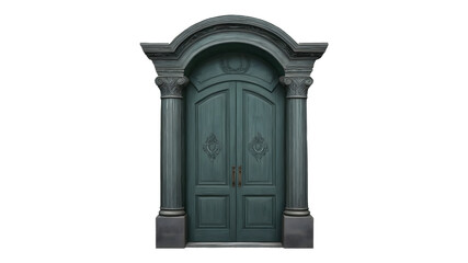 Classic Wooden Door Flanked by Decorative Columns Isolated on Transparent Background.