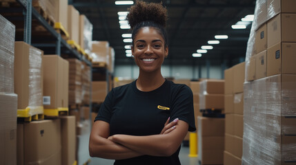 A female warehouse worker standing with a welcoming smile, surrounded by stacks of neatly packed inventory and industrial lighting, suggesting productivity and friendliness.