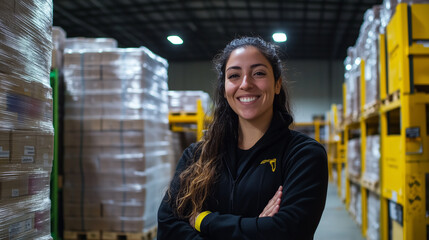 A female warehouse worker standing with a welcoming smile, surrounded by stacks of neatly packed inventory and industrial lighting, suggesting productivity and friendliness.