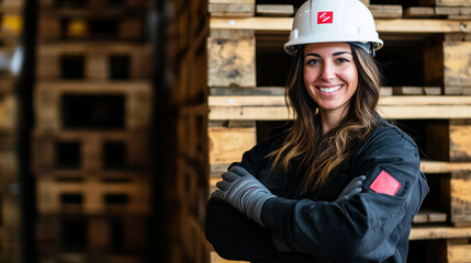 A female warehouse worker in a hard hat and gloves, smiling with her arms crossed, standing near stacked pallets and highlighting her confidence in her work environment.