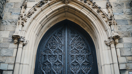 Obraz premium A close view of a grand, arched stone doorway with intricate iron latticework from centuries ago.