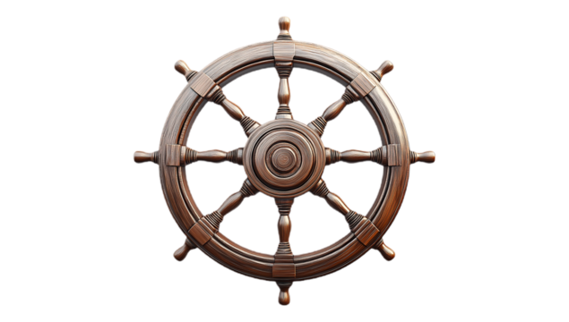 Antique Wooden Ship's Steering Wheel Isolated on Transparent Background