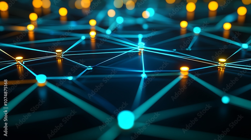 Poster abstract network of glowing lines and nodes.