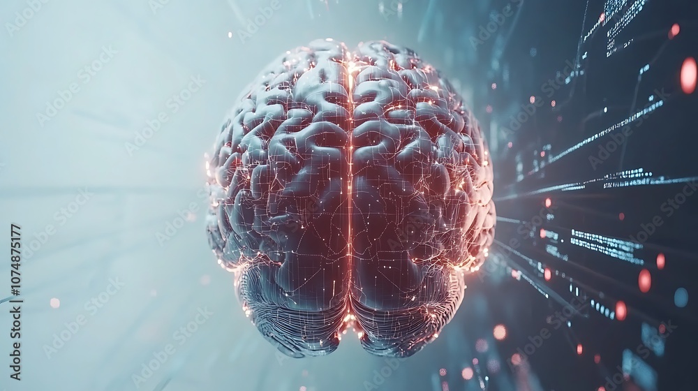 Poster a glowing human brain with data flowing around it.