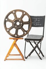 A metal wheel, wooden stool, and director's chair.