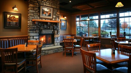 Restaurant Interior with Stone Fireplace and Window Views