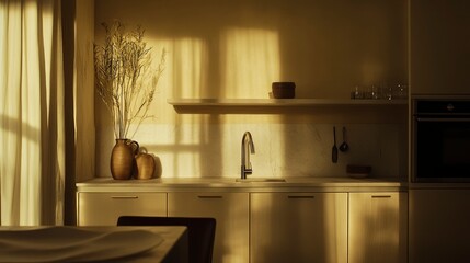 Minimalist Kitchen Interior with Sunlight Streaming Through Window