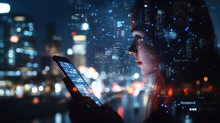 Double exposure of a woman holding a smartphone, her face illuminated by the screen, overlaid with a bustling cityscape and glowing digital network lines, symbolizing connectivity.