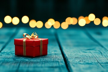  Una pequeña caja de regalo roja con cinta dorada, colocada sobre una mesa azul con luces de guirnalda desenfocadas al fondo.
