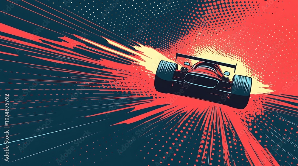 Aufkleber Red race car speeding forward with a burst of speed and a halftone background.