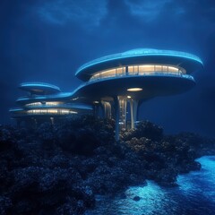 Glowing Structures Resting on Ocean Floor with Blue Lights