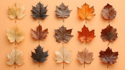 Arranged autumn maple leaves creating minimalist flat lay composition on&nbsp;light orange background, featuring dried leaves in&nbsp;warm brown tones with studio lighting.
