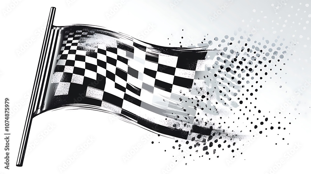 Poster waving checkered flag with a blur effect and black and white polka dots.