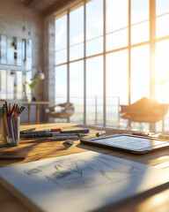 A drawing tablet and pencils on a wooden desk by a window with a city view and the sun setting.