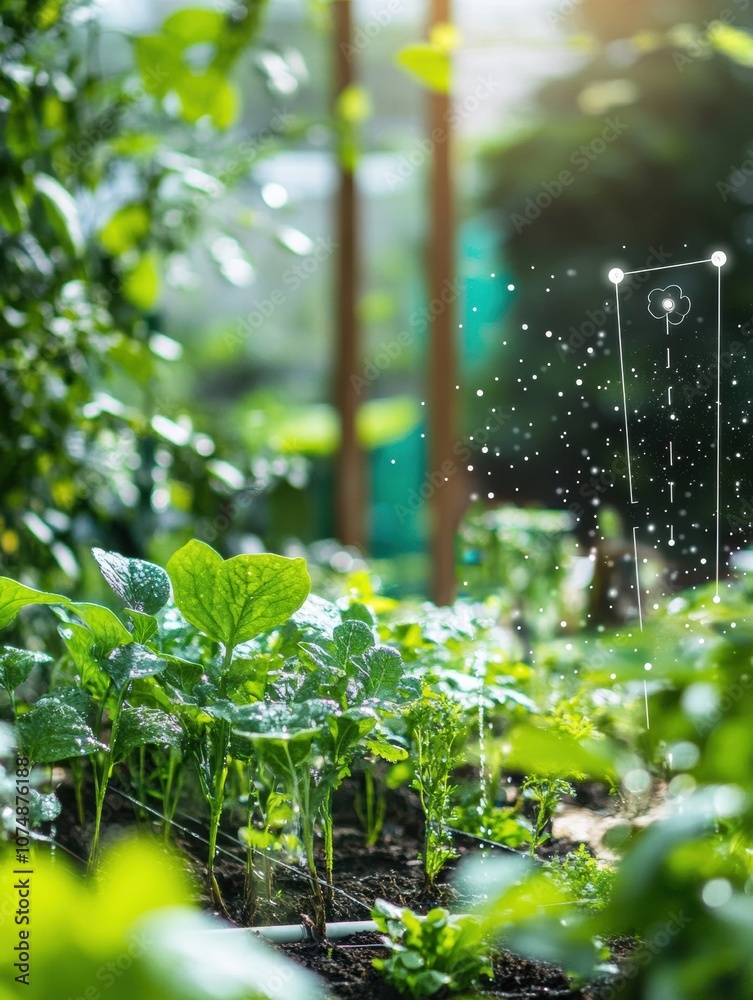 Poster a vibrant smart garden is equipped with automated sprinklers and soil sensors, flourishing under bri