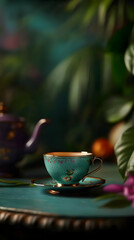 A delicate turquoise teacup rests on a saucer, surrounded by rich foliage and a vibrant teapot, creating a serene atmosphere that invites relaxation and contemplation