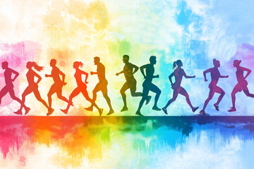 Obraz premium Silhouettes of athletes running with colorful watercolor splashes in the background, representing a marathon or fitness event