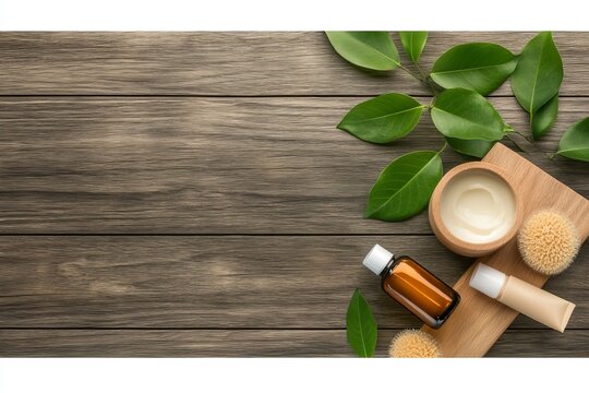  Productos de cosm&eacute;tica natural, como frascos de vidrio, crema en un recipiente de madera y esponjas, decorados con hojas verdes sobre una mesa de madera r&uacute;stica.
