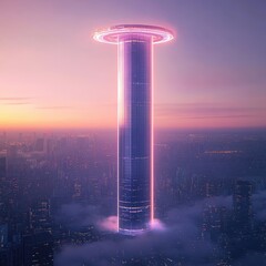 Levitating Skyscraper Over Illuminated Urban Horizon