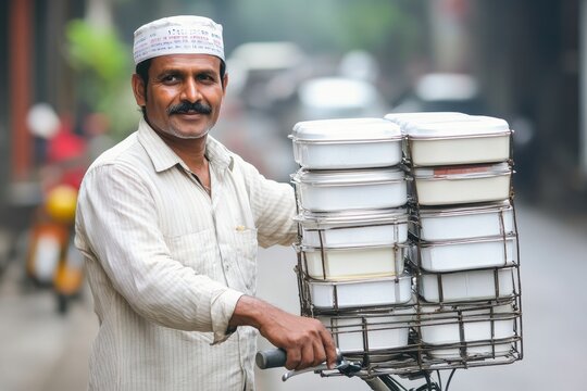 Dabbawala Adjusting Tiffin Carrier on Bicycle