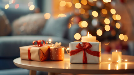 Create a cozy and festive atmosphere with beautifully wrapped christmas gifts and warm candlelight