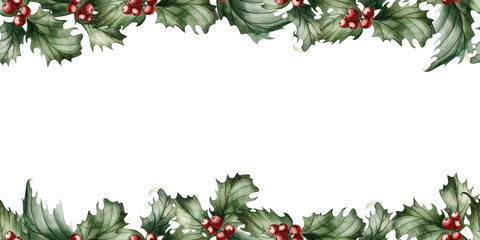 Holly Berry Branches with red berries. Seamless frame with traditional Christmas plant. Watercolor floral illustration