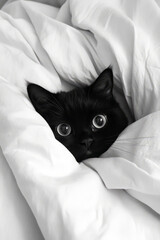 Cute black cat snuggling in bed with its head poking out of the covers.