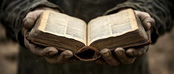 Obraz premium Hands holding an open Bible, symbolizing the Christian spirit and devotion to God s teachings, closeup, generative AI, calm and sacred tone