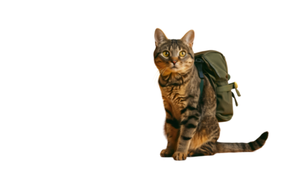 a funny adventure of a cat or kitten on a trip with a backpack, capturing the playful spirit of this animal pet in a png image featuring a charming tabby