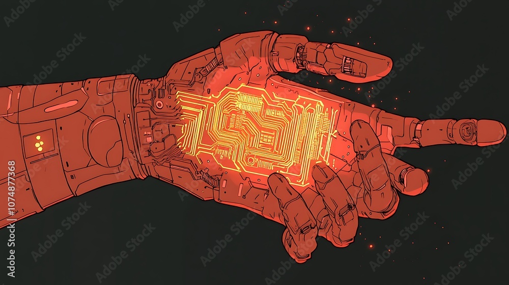 Aufkleber red robotic hand with glowing circuitry.
