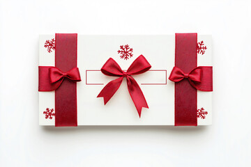 Christmas gift certificate mockup with red ribbon and bows lying on white background, ideal for holiday season marketing and promotion