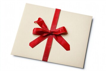Elegant Christmas gift certificate with a red ribbon is lying on a white background