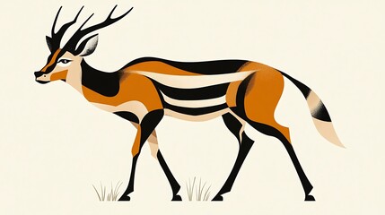 Obraz premium A stylized illustration of a deer with large antlers, black, white, and orange stripes.