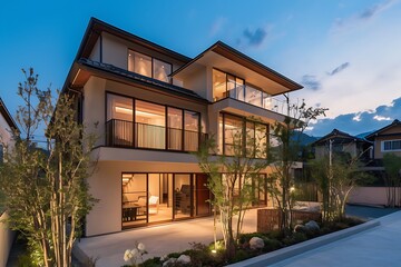 Fototapeta premium Modern Japanese House with Illuminated Exterior and Lush Landscaping