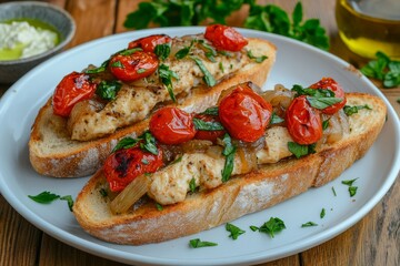  Bruschetta con pollo asado, tomates cherry caramelizados y perejil fresco, sobre pan crujiente.
