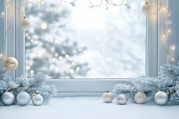 Christmas decorations and fir branches lying on a snowy windowsill are reflecting the Christmas...