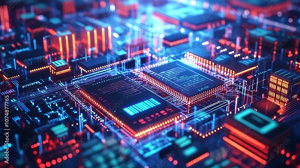 Poster abstract futuristic circuit board with glowing processors.