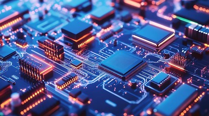 Obraz premium Closeup of glowing circuit board with integrated chips.
