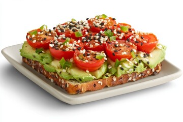  Tostada de pan integral con aguacate, tomates cherry y semillas de sésamo.
