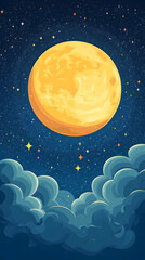 Fototapeta premium A large, yellow full moon hangs in the night sky above a layer of fluffy white clouds. Stars twinkle in the dark blue sky.