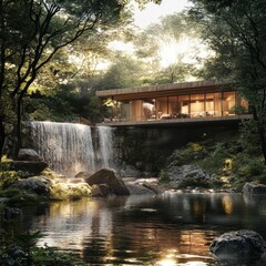Serene Residence Integrated with Waterfall and Forest