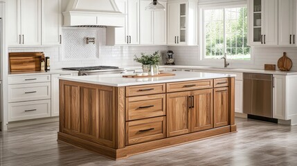 Modern Kitchen Island with White Cabinets and Hardwood Flooring