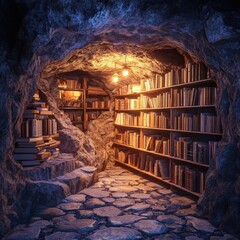 Underground Library with Warm Ambient Lighting