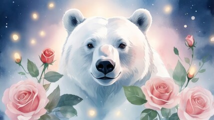 A white bear stands gracefully amidst a backdrop of vibrant roses, creating a serene and picturesque scene.
