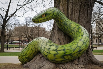 Vibrant green snake sculpture coils around a tree in an urban park, creating a captivating art installation admired by tourists and locals for its modern design and detailed patterns
