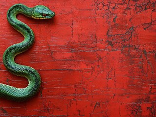 green snake on red wooden background  top view