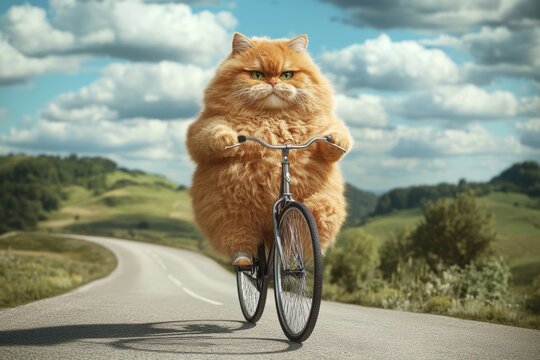 anthropomorphic large fluffy orange serious cat riding bicycle on countryside road
