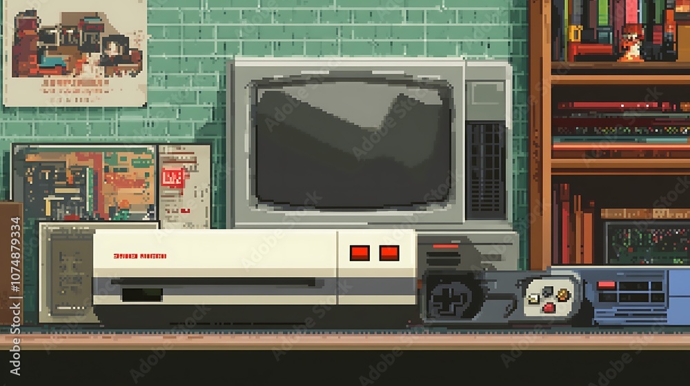 Poster retro gaming setup with tv, console, and controllers.