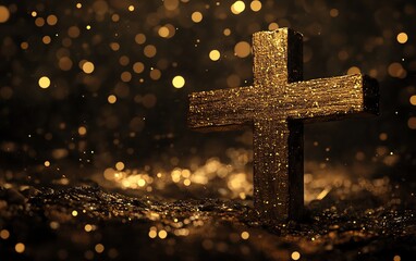 Wooden cross with glowing bokeh lights in the background, symbolizing the sacredness of Easter and Jesus death, generative AI, solemn and reverent atmosphere