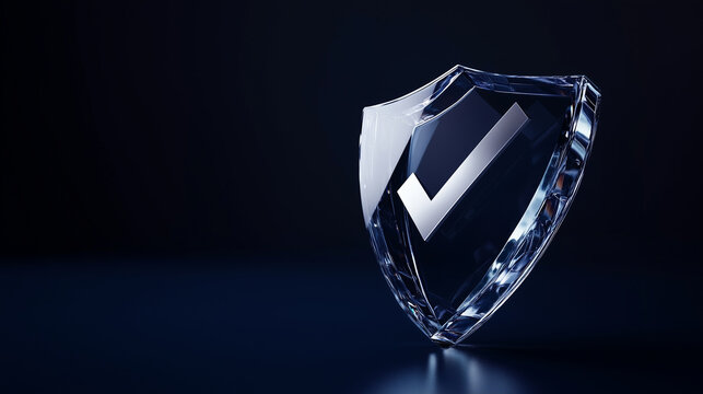 Futuristic glass shield with a silver check mark, floating on a dark navy blue background, representing the strength of cyber protection and resilience.